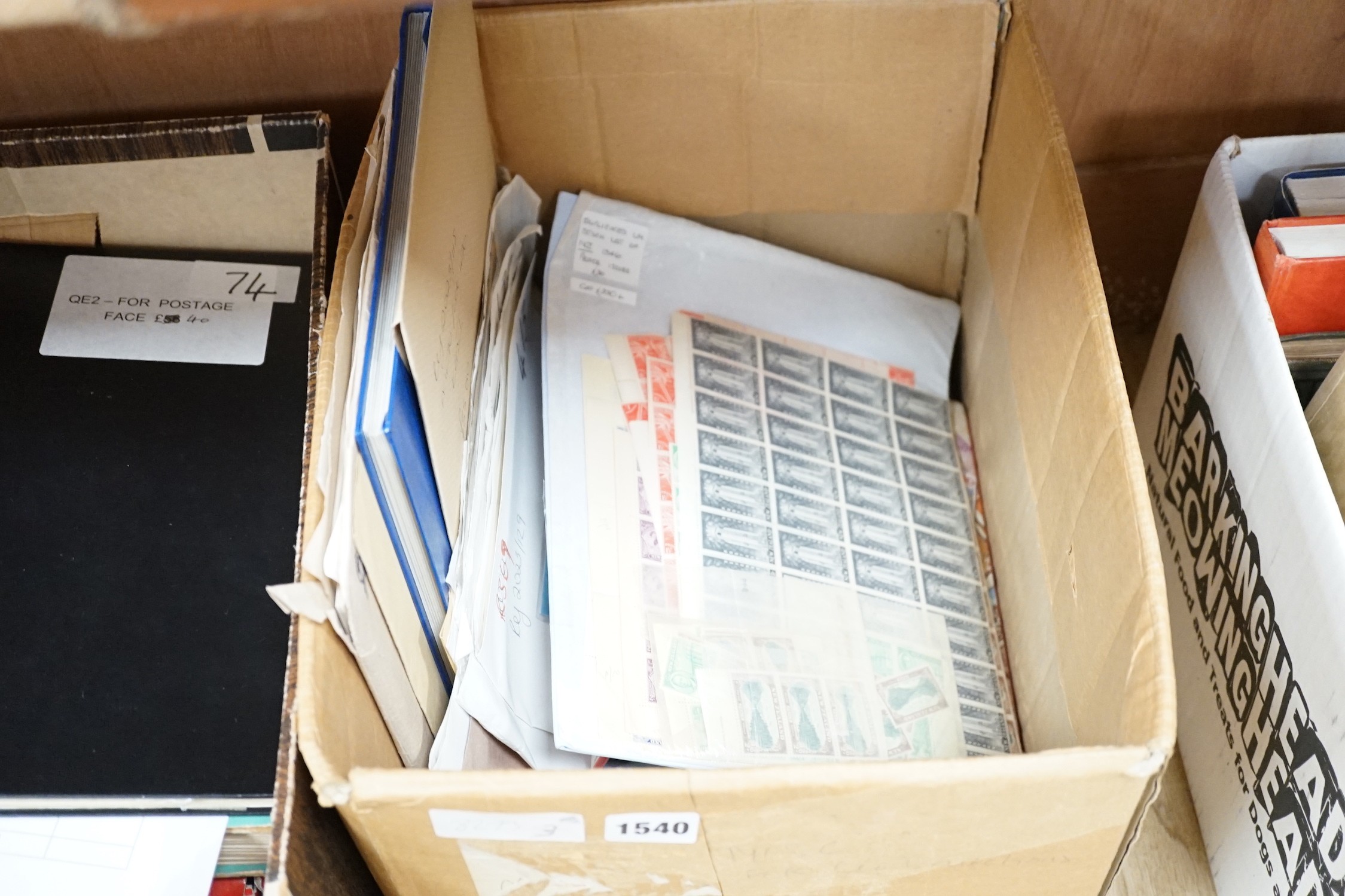 A box of British Commonwealth old auction folders: including Bermuda, Hong Kong1939-52-$10(both), mint set,Mauritius, South Africa and Tangier